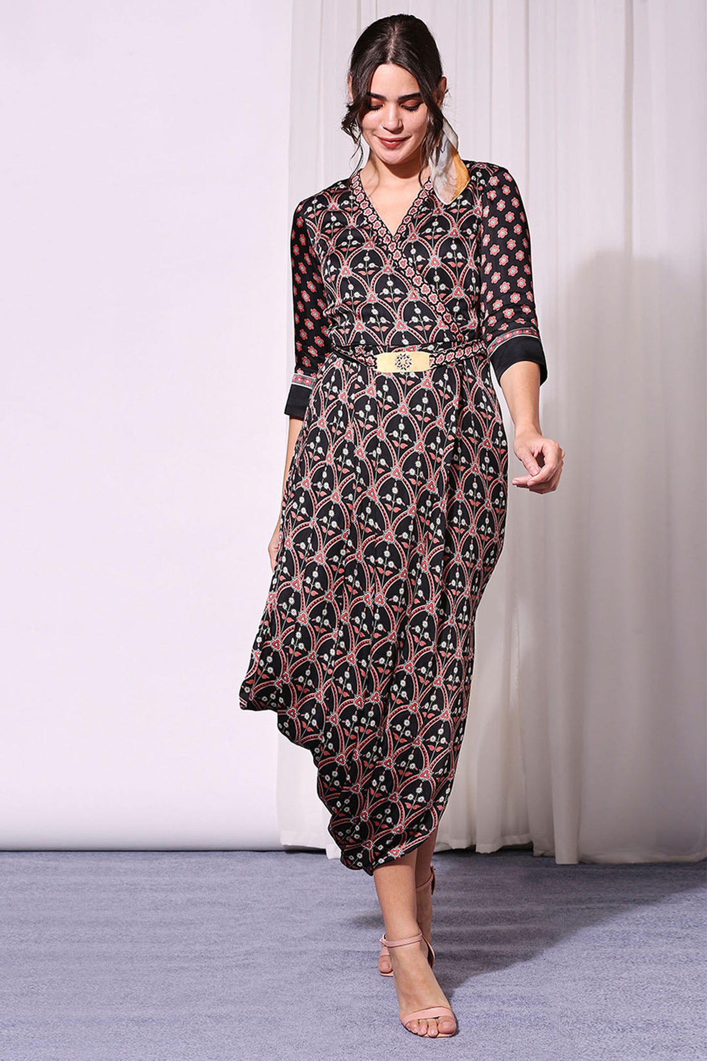 Black Satin Ethnic Folklore Printed Drape Dress