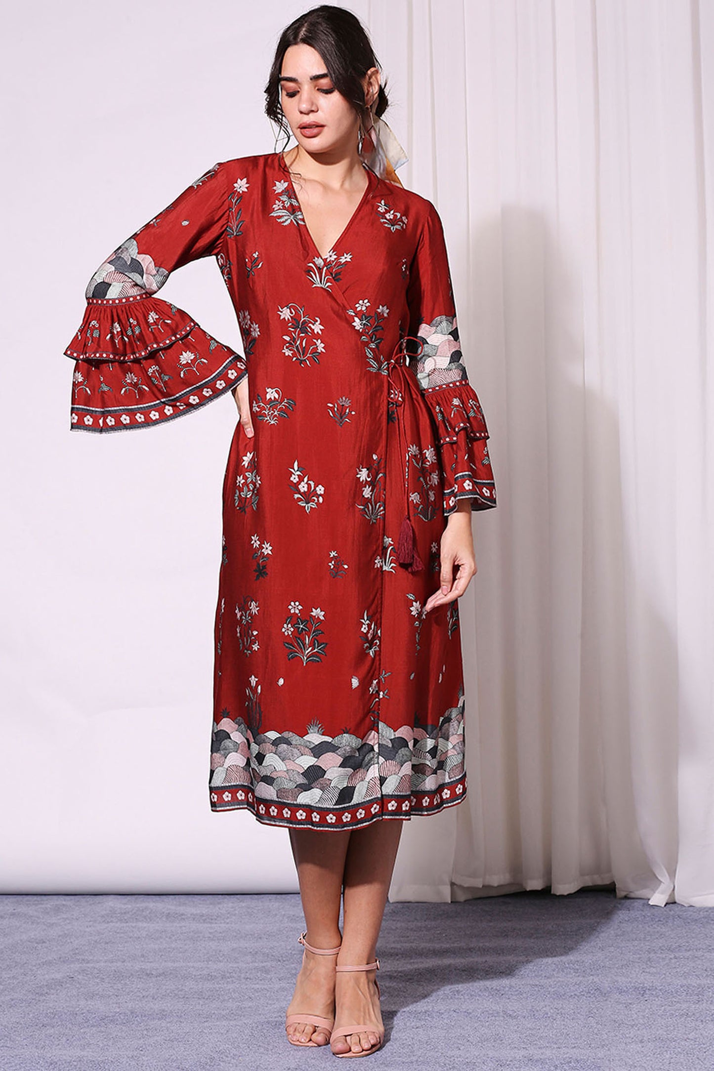 Merlot red Chanderi Overlap Printed Dress With Bell Sleeves