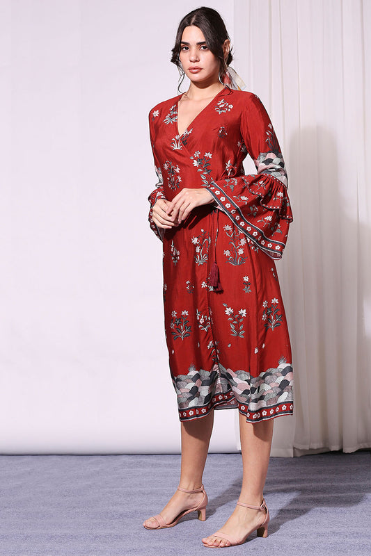 Merlot red Chanderi Overlap Printed Dress With Bell Sleeves