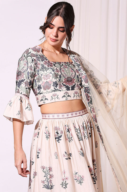 Off White Pastel Floral Printed Crop Top And Skirt