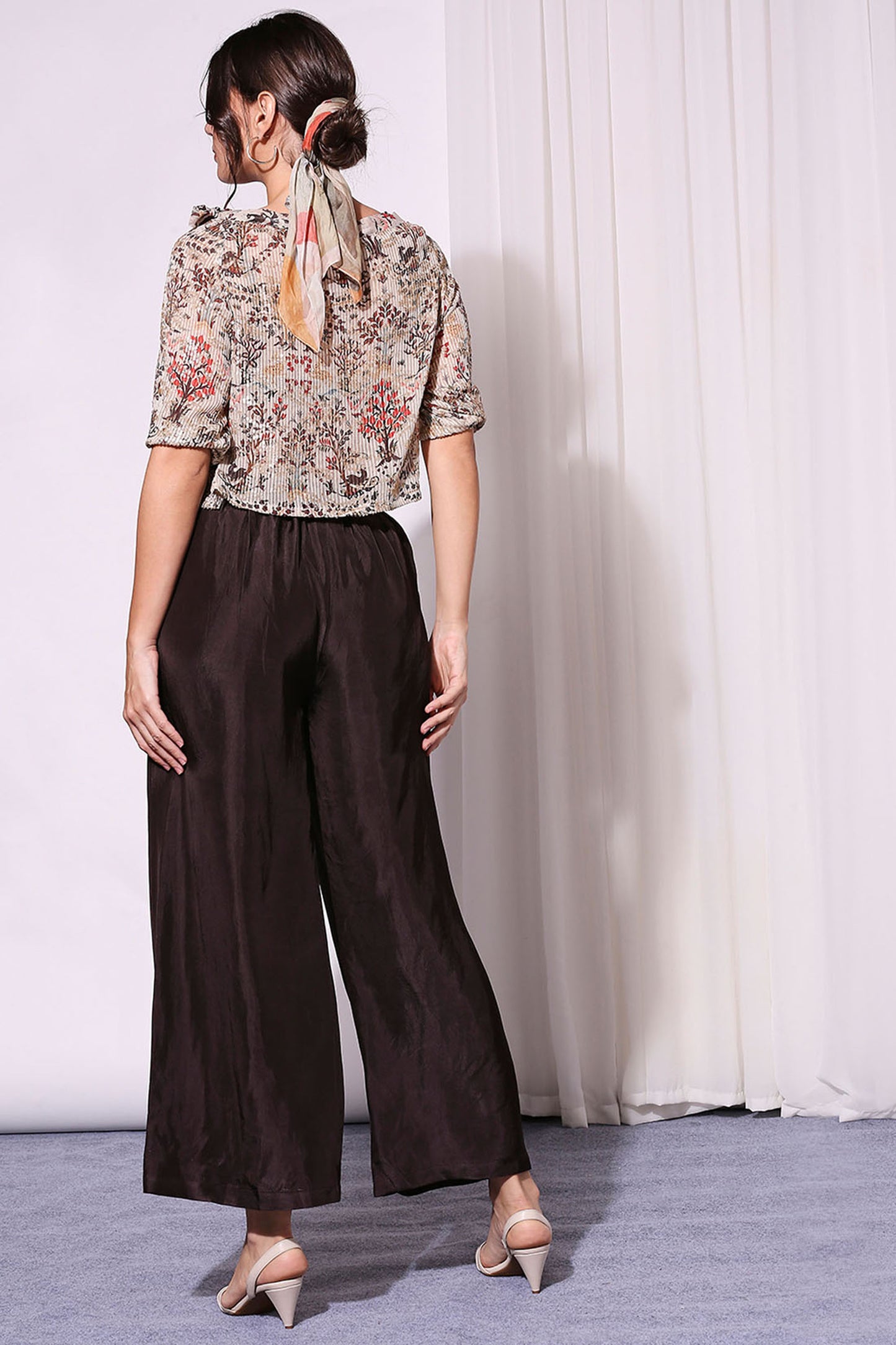 Beige & Black Printed Sequin Off-Shoulder Top Paired With Pants