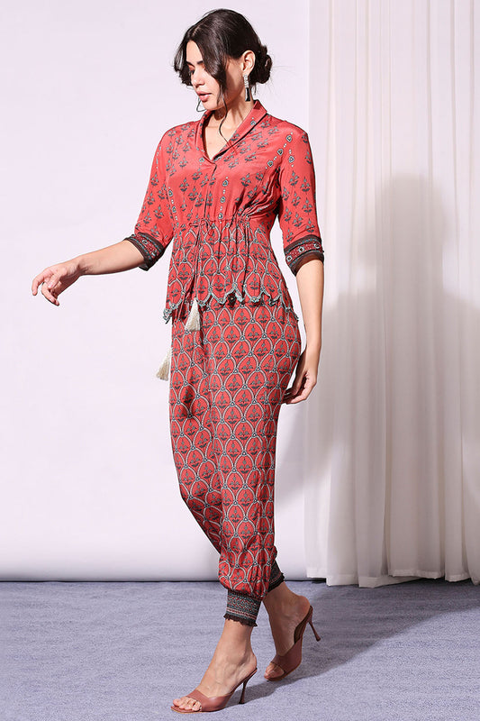 Red Ethnic Folklore Printed Co-Ord Set