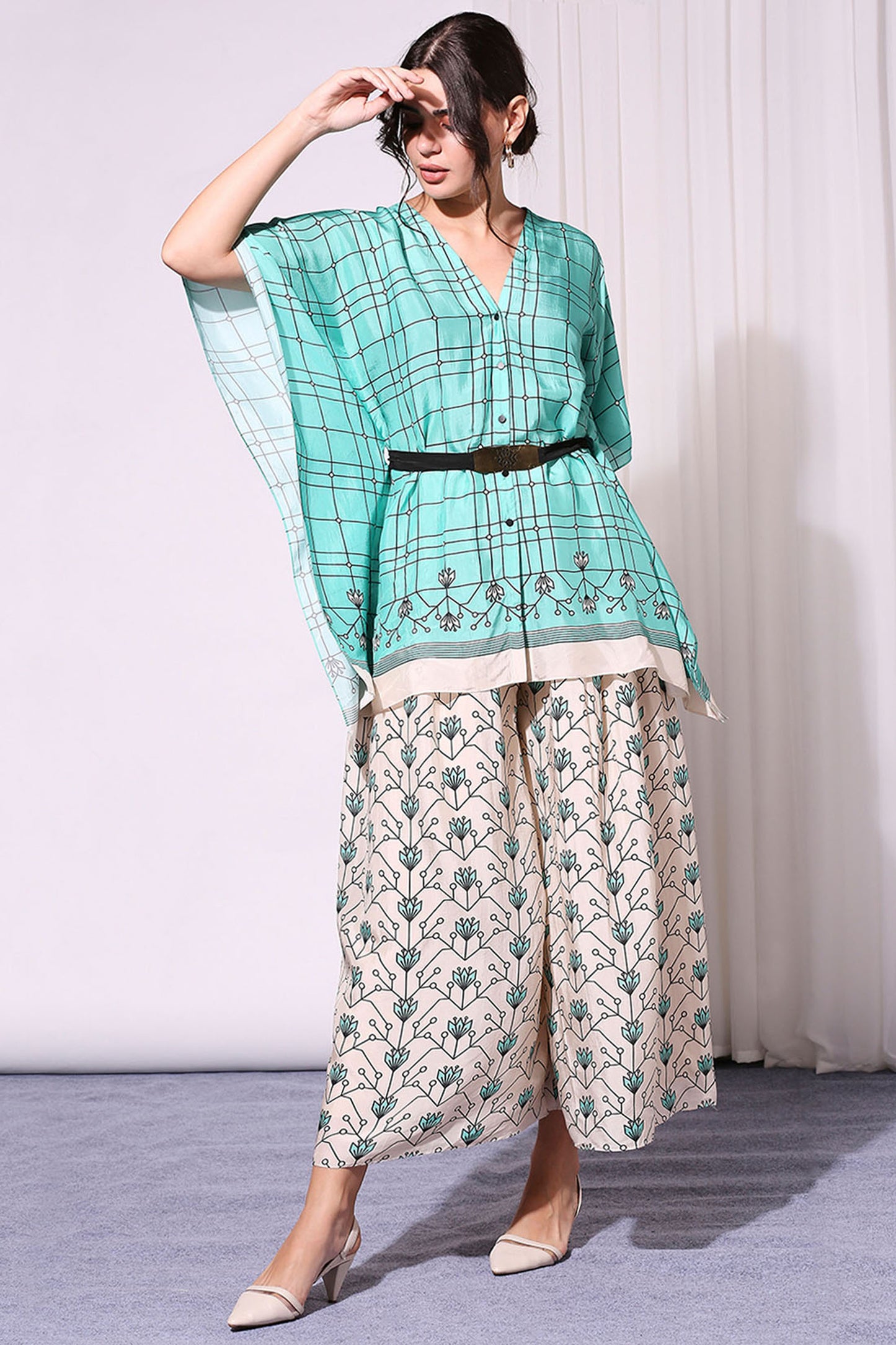 Green and cream Tussar Silk Summer Floral Printed Kaftaan Top And Pants