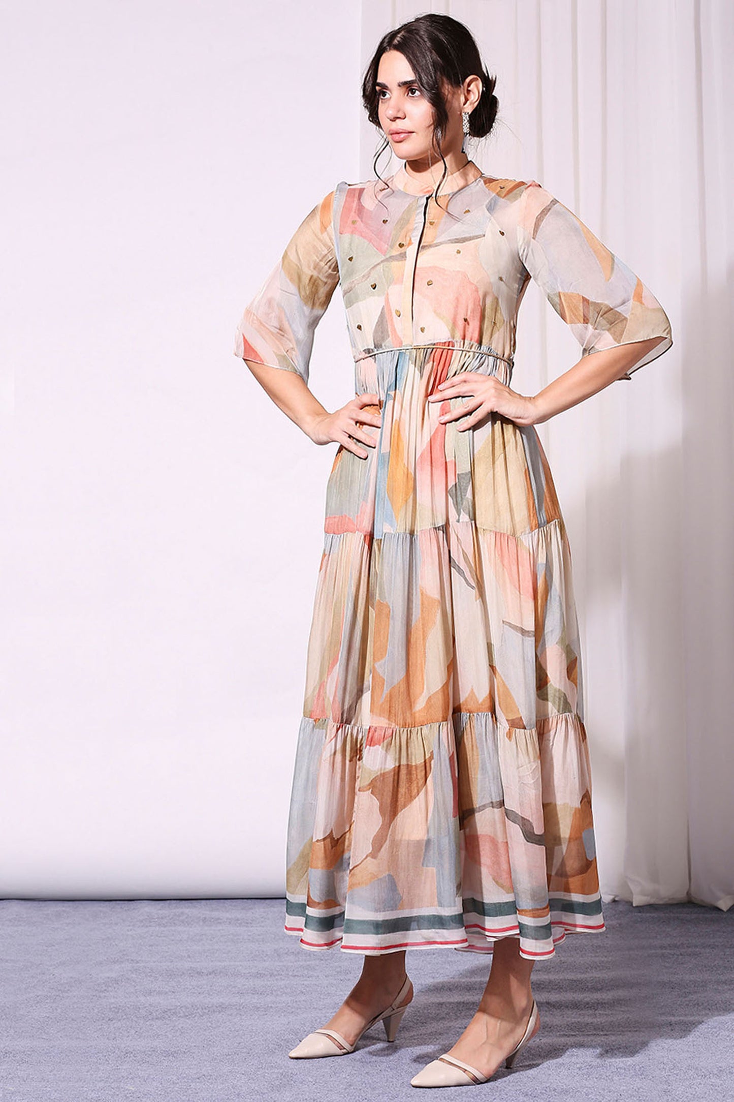 Multi color Chiffon Conversational Printed Tiered Dress