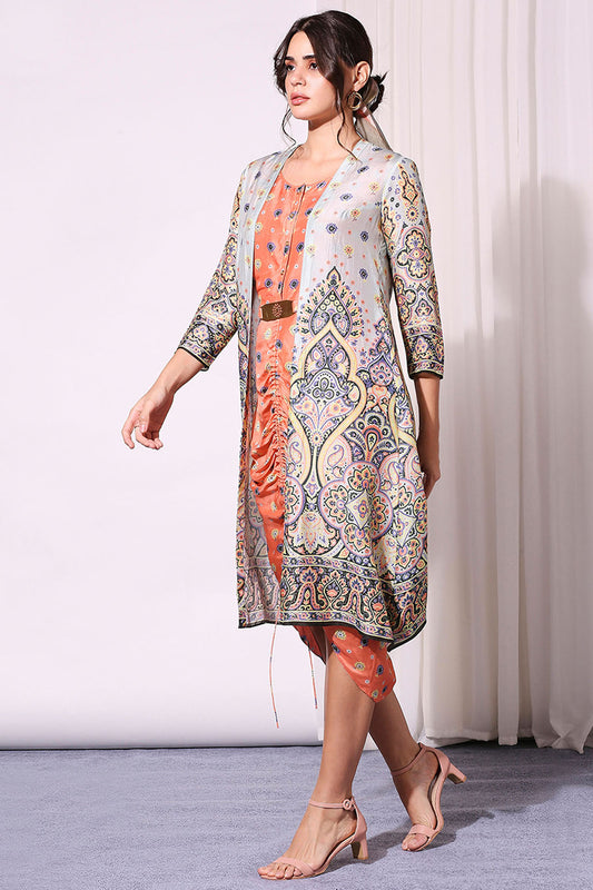Multi color Cotton Silk Ethnic Pastel Printed Dress And Jacket