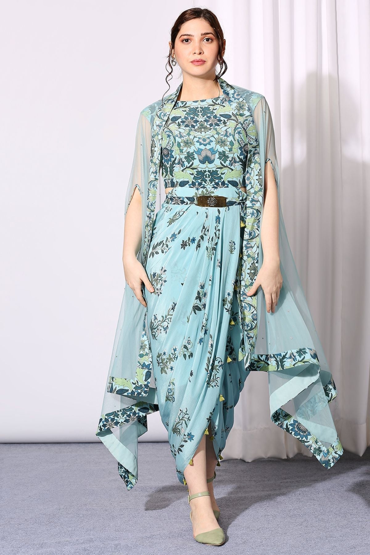 Pastel Bloom Drape Dress Paired With Net Asymmetrical Cape