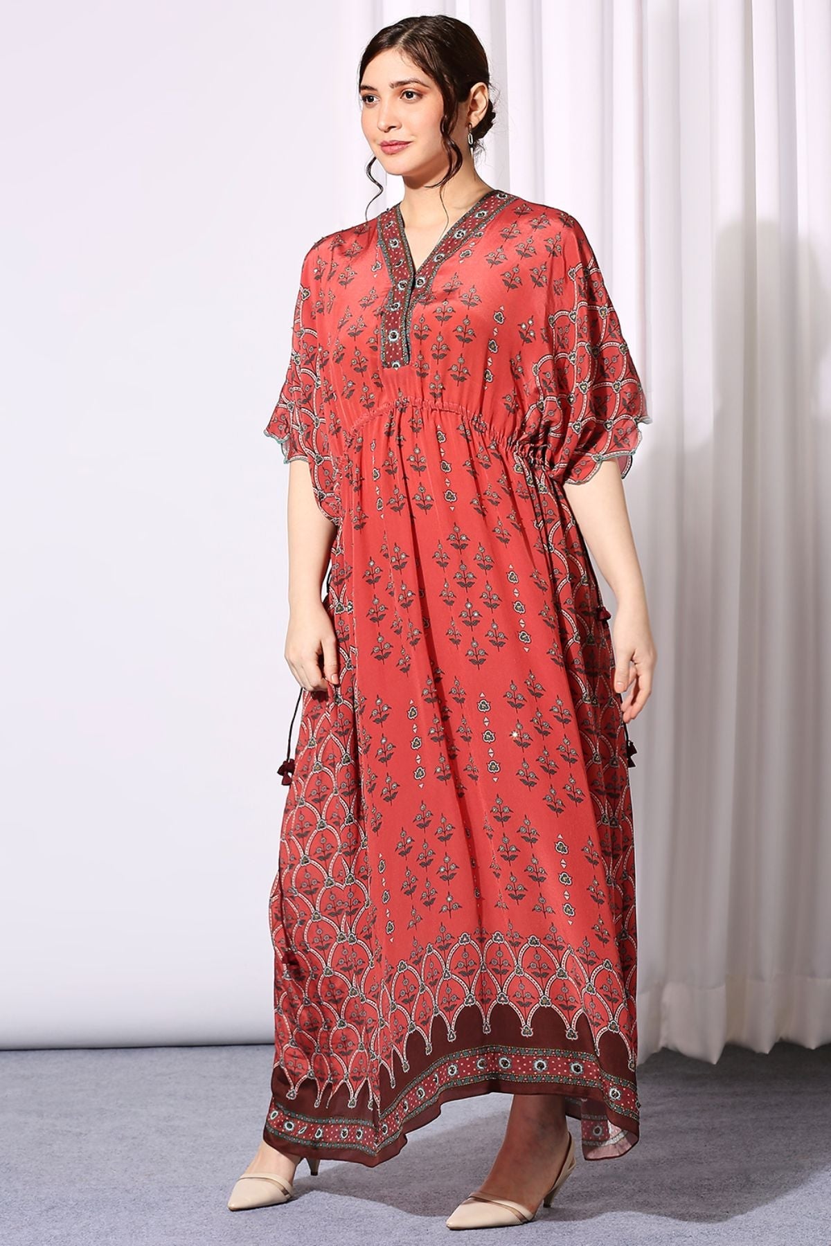 Ethnic Folklore Kaftan Dress With Waist Tie-Up