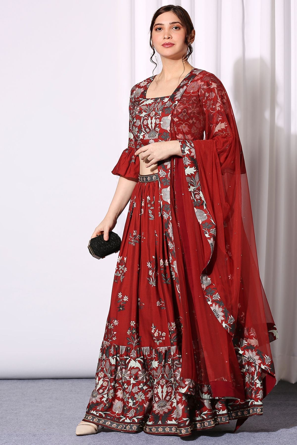 Midnight Floral Printed Skirt With Blouse Paired With Net Dupatta