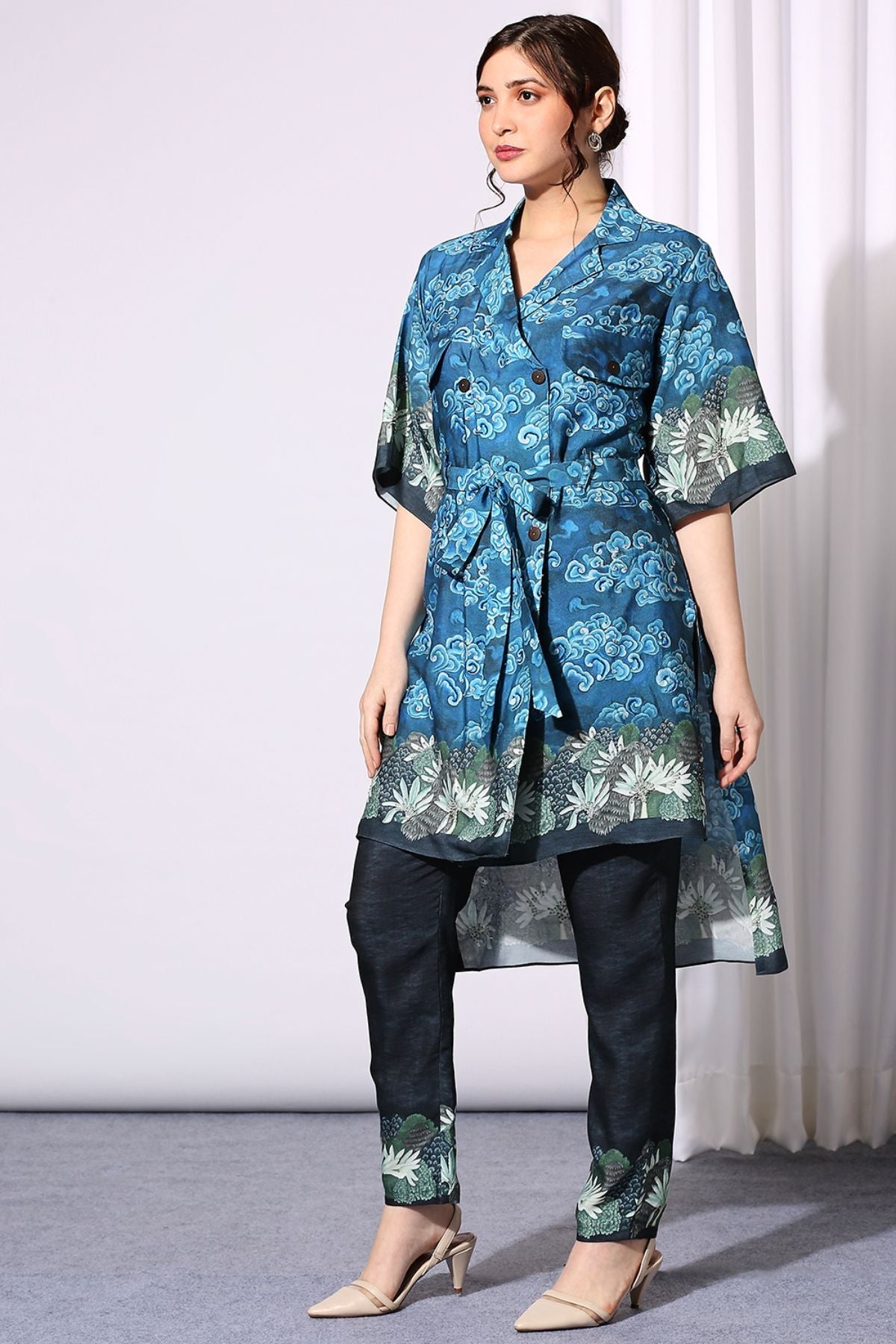 Conversational Printed Overlap Dress With Belt Paired With Printed Pants
