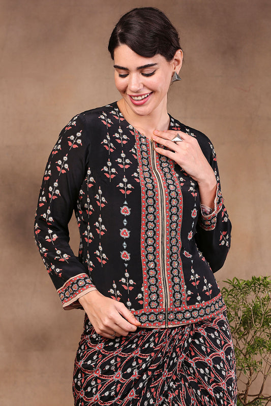 Black Crepe Ethnic Folklore Printed Drape Skirt With Jacket