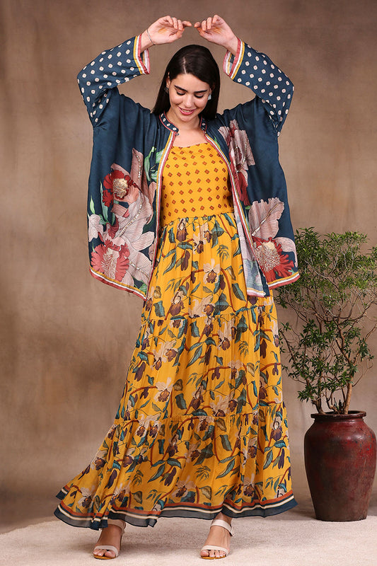 Mustard and bottle green Orchid Bloom Printed Long Dress With Jacket
