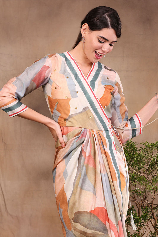 Multi color Cotton Silk Conversational Printed Overlap Drape Dress