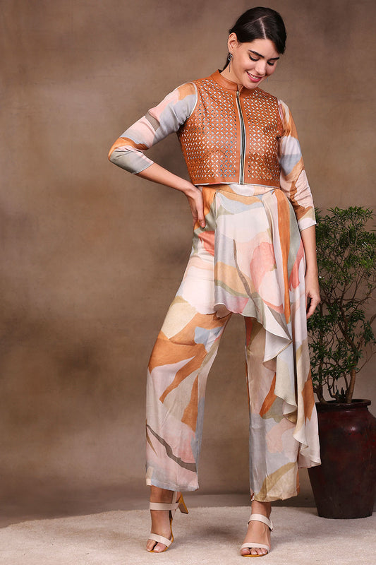Multi color Satin, Leather Conversational Printed Jumpsuit With Leather Jacket