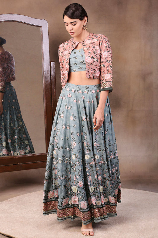 Peach and Green Muslin Slub Vintage Trails Printed Skirt Set With Embroidered Jacket