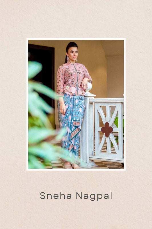 Vintage Trails Printed Drape Skirt With Embroidered Jacket