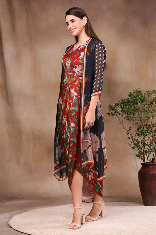 Orchid Bloom Printed Drape Dress With Straight Jacket