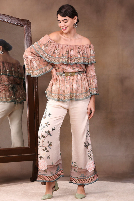Vintage Trails Printed Off-Shoulder Embroidered Top With Flared Pants