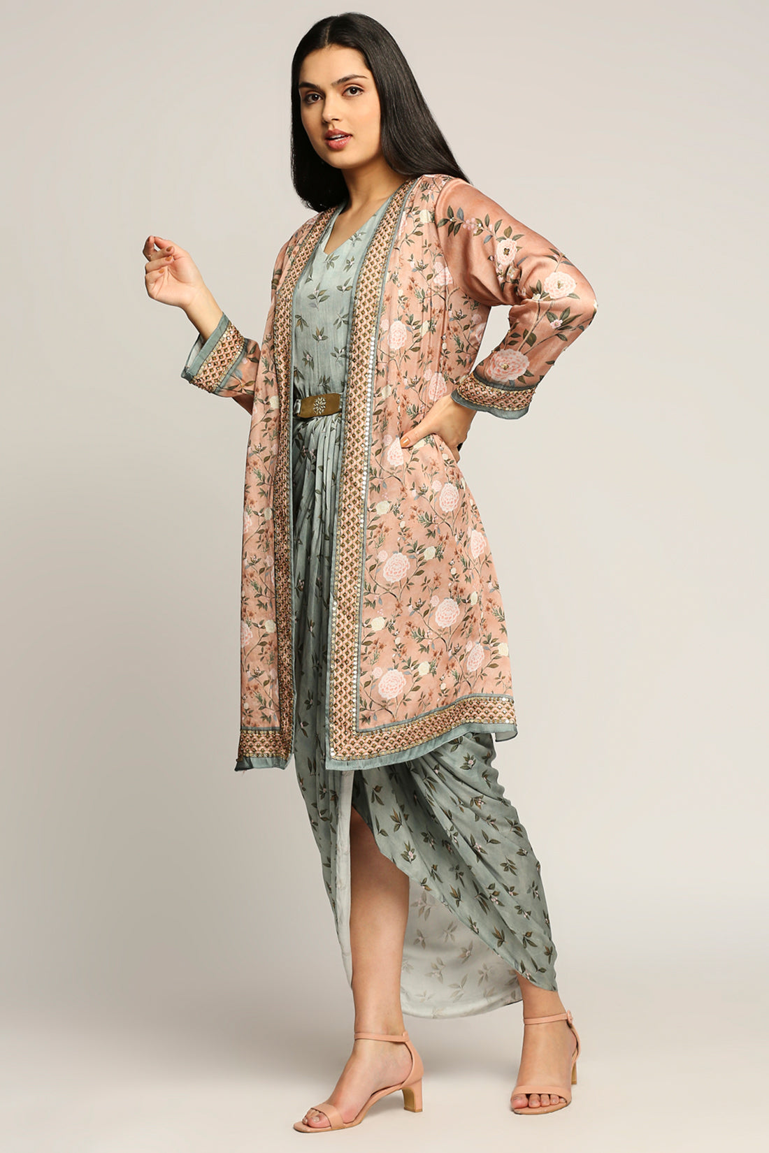 Vintage Trails Printed Drape Dress With Jacket