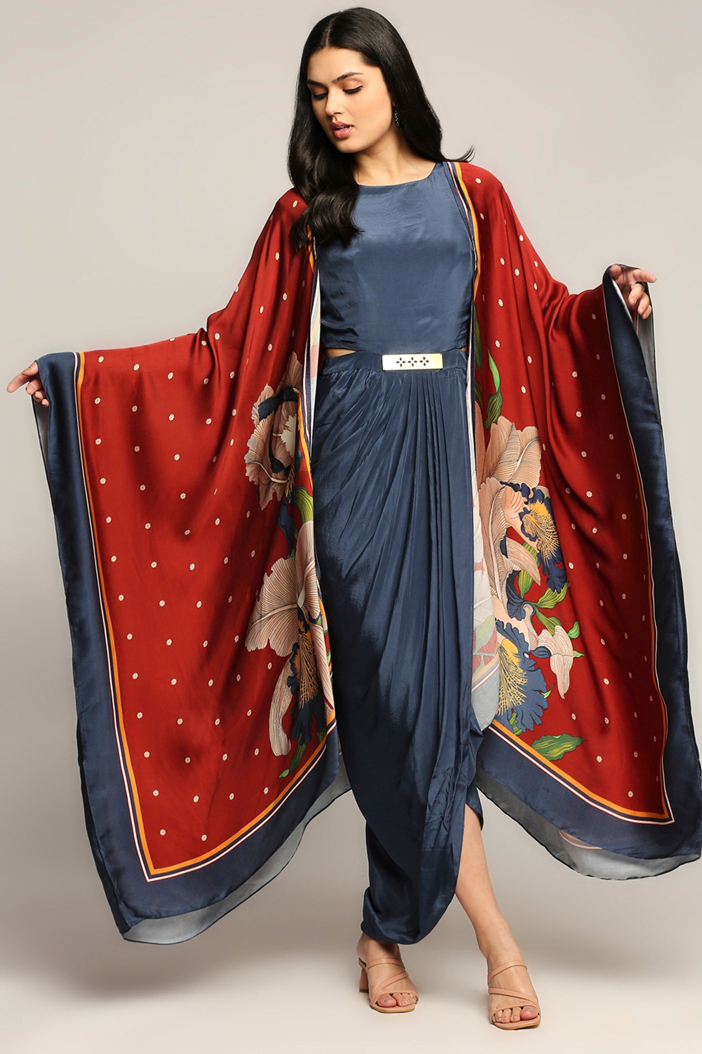 Orchid Printed drape dress with cape