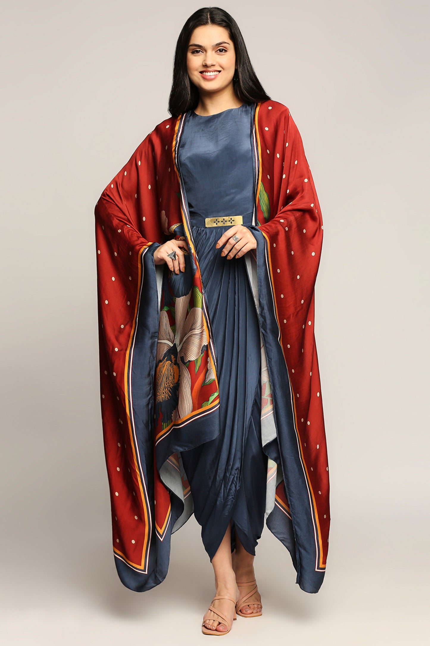 Orchid Printed drape dress with cape