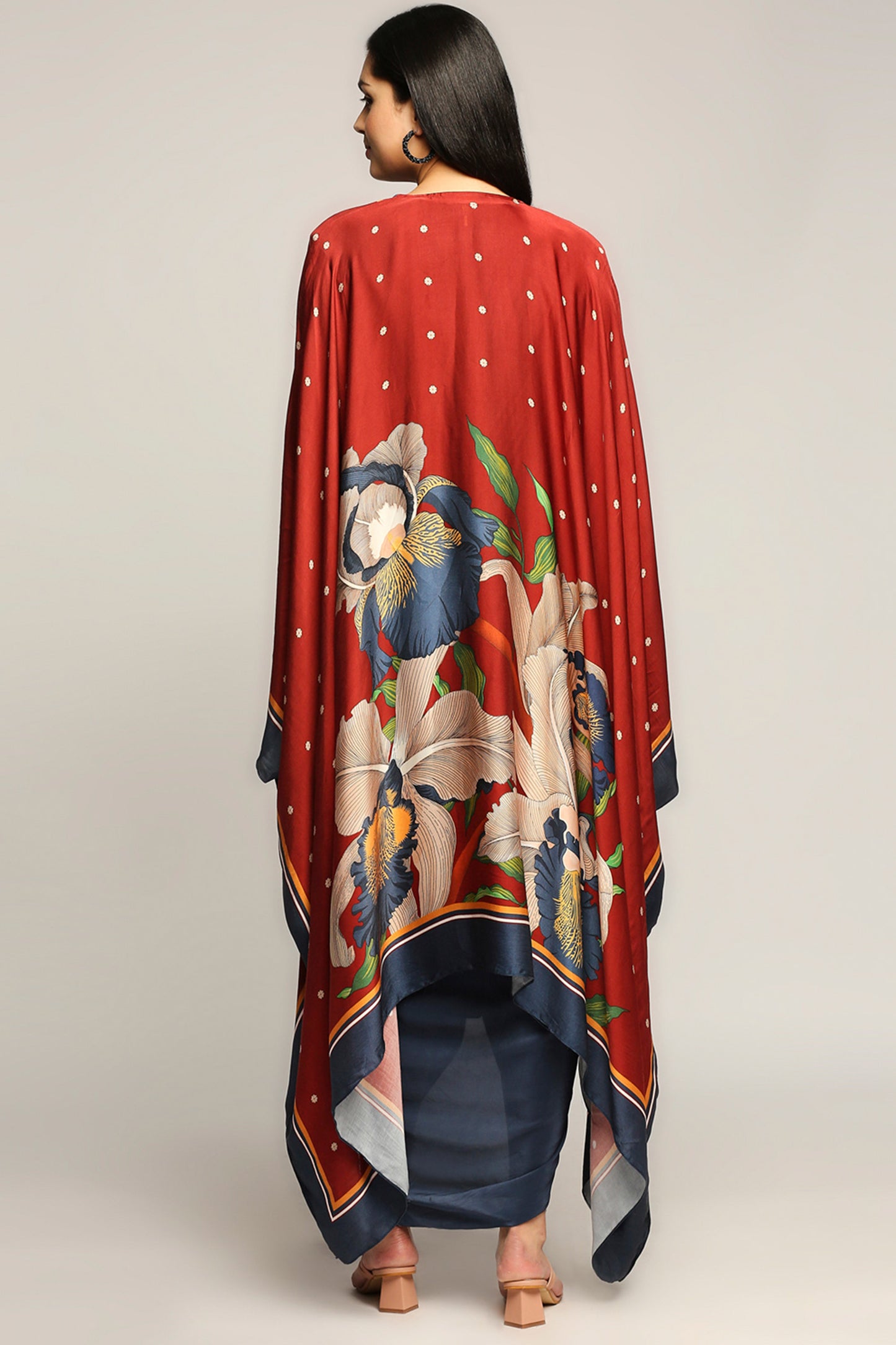 Orchid Printed drape dress with cape