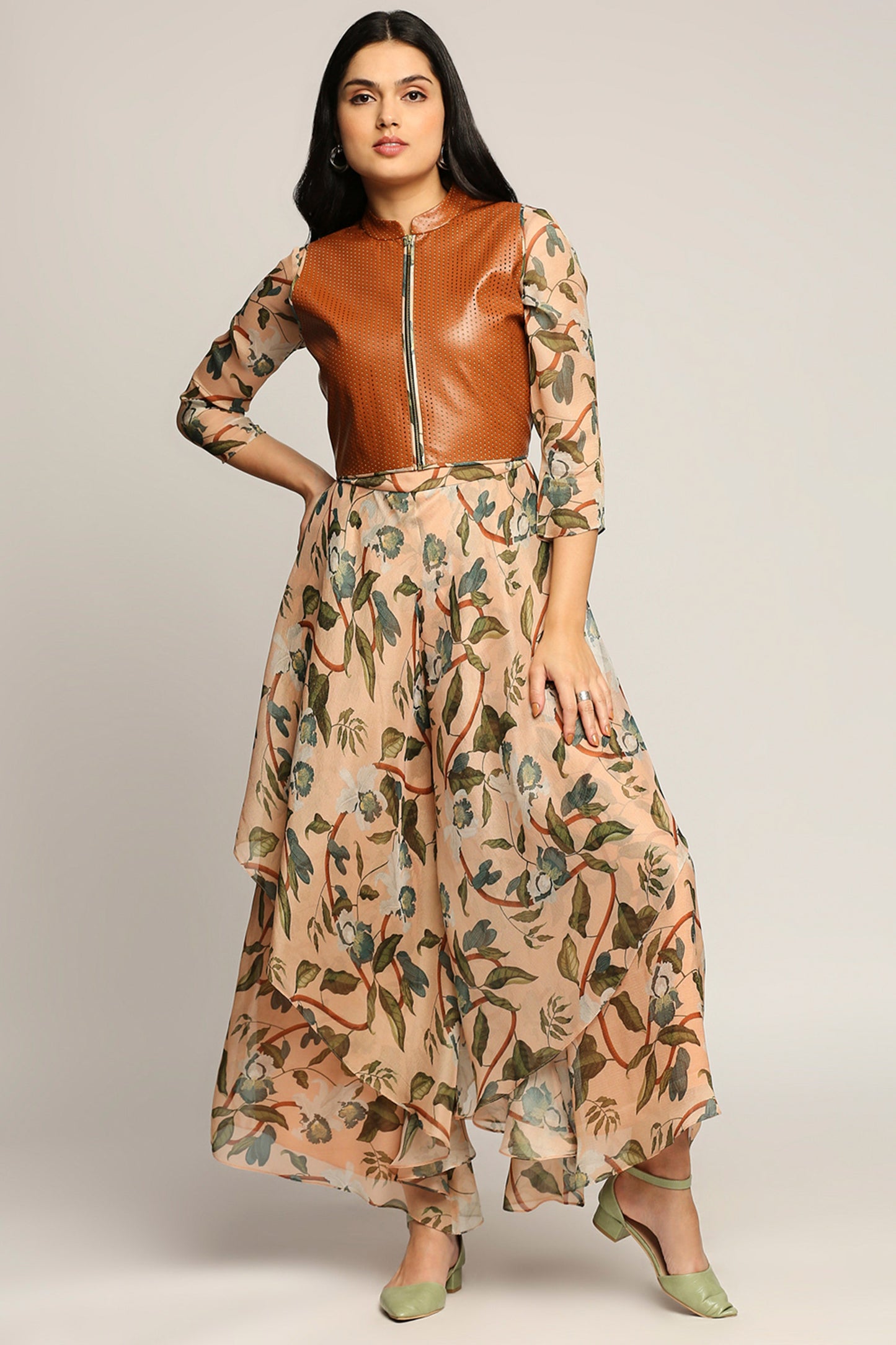 Orchid bloom printed jumpsuit with leather jacket