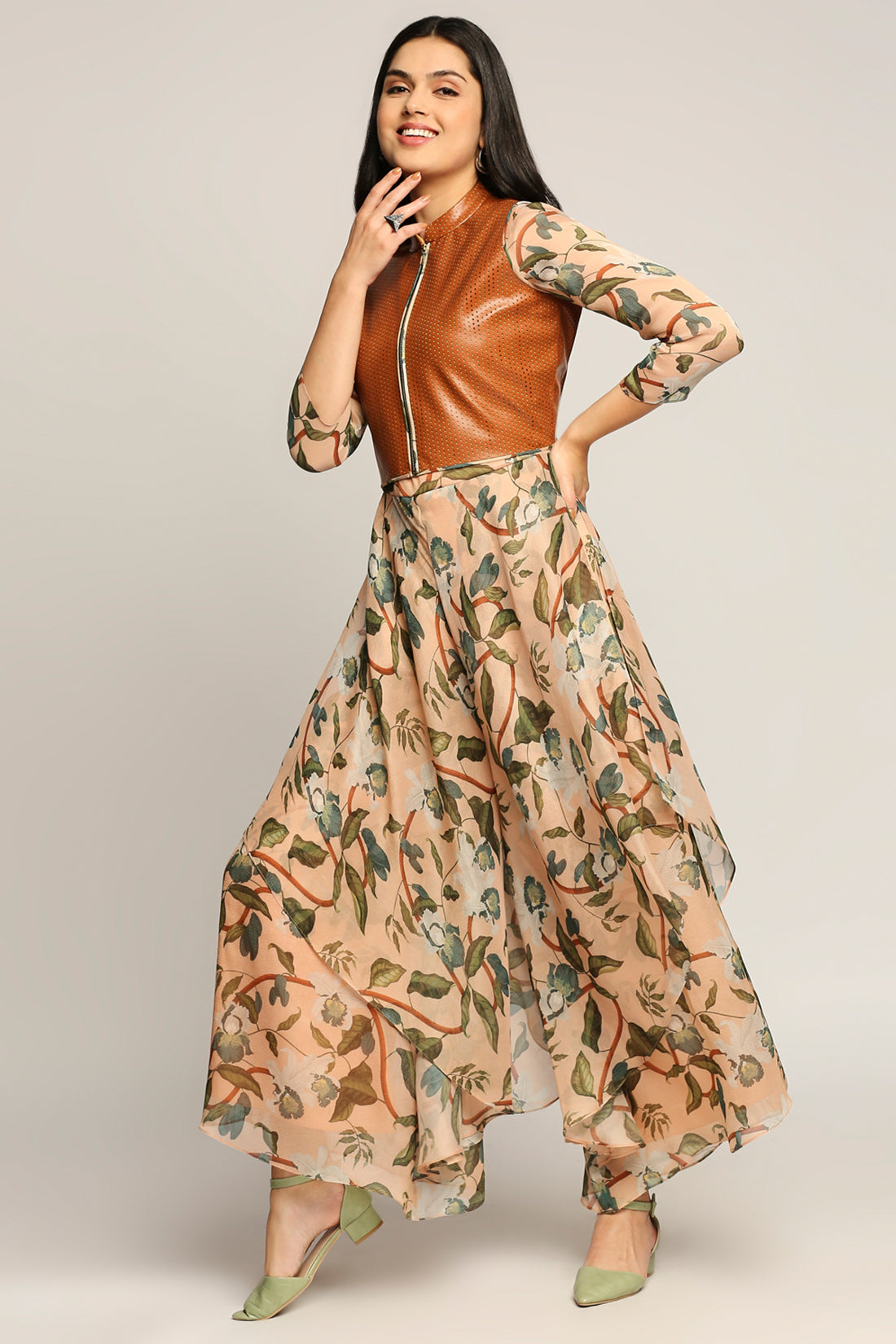 Orchid Bloom Printed Jumpsuit With Leather Jacket