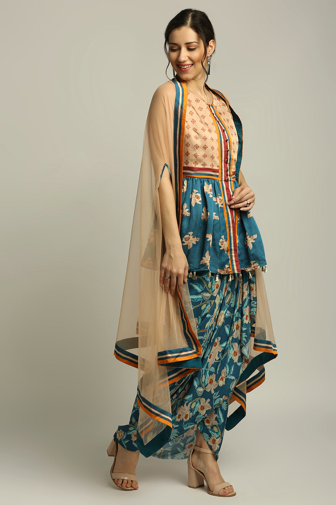 Orchid Bloom Printed Skirt Set With Cape