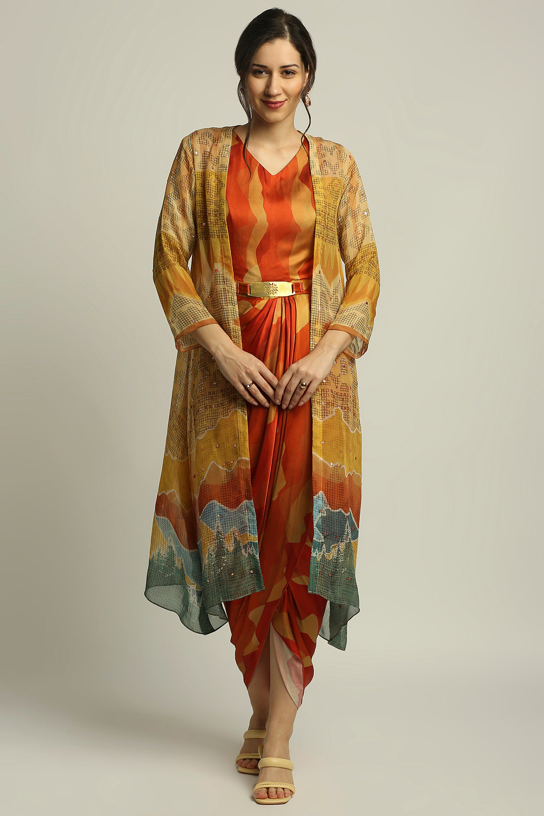 Dune Shadow Printed Drape Dress With Jacket