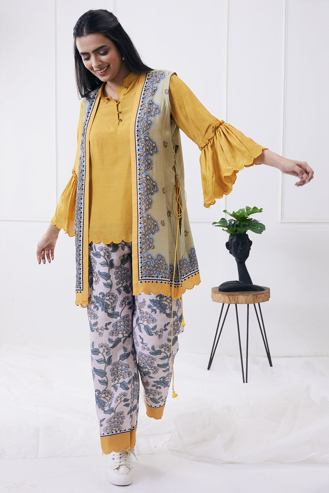 Yellow Yasmin Printed Co-Ord Set With Jacket