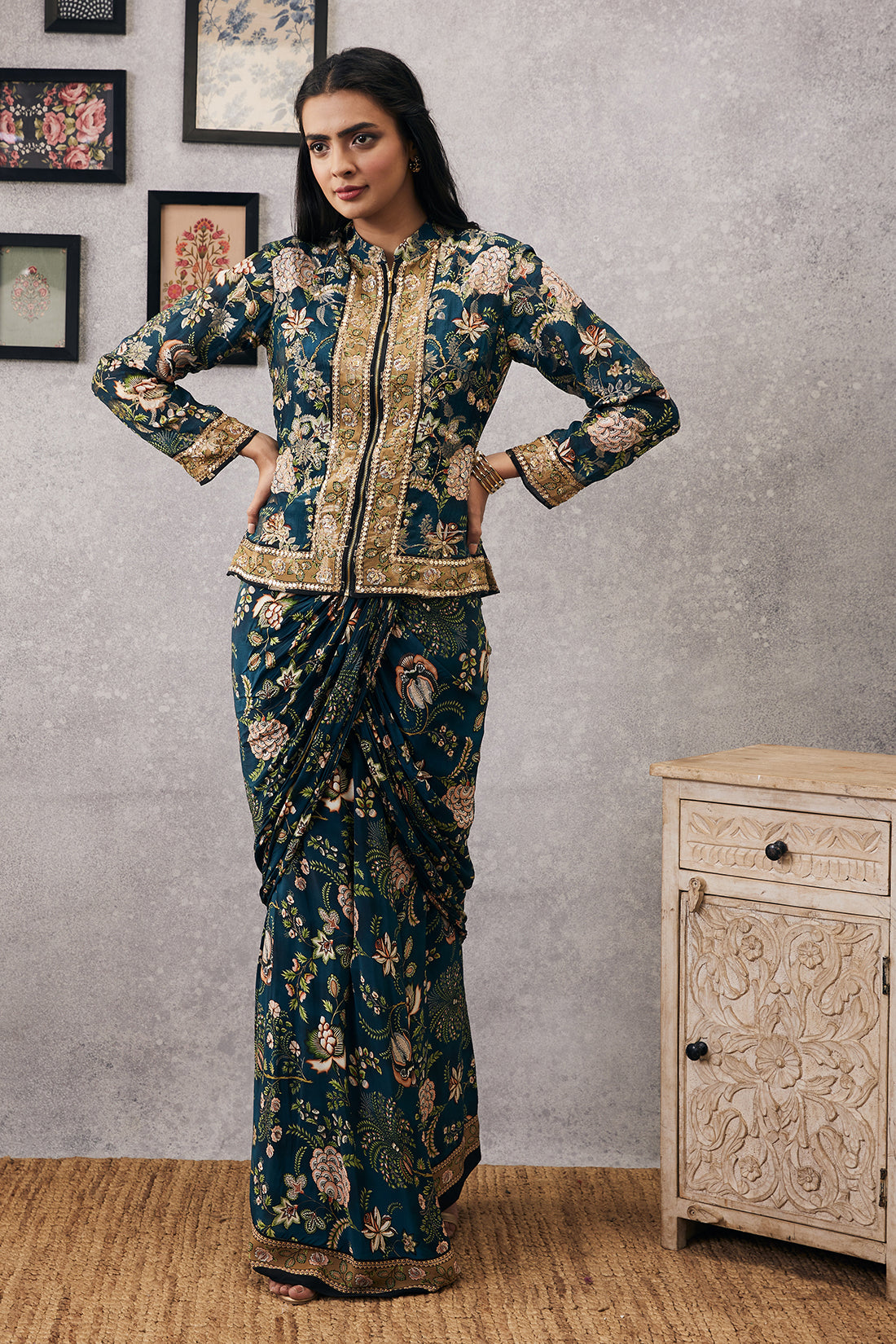 Mehr Embroidered Jacket With Drape Skirt