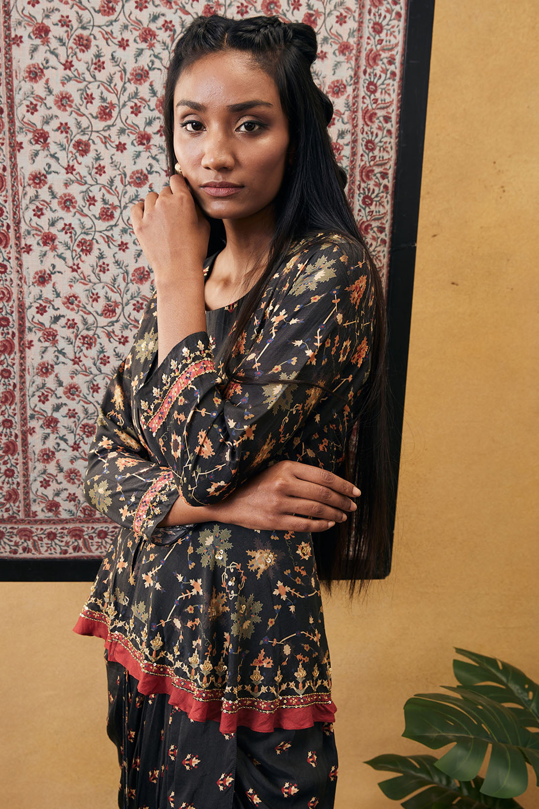 Zahra Printed Drape Dress With Peplum Top