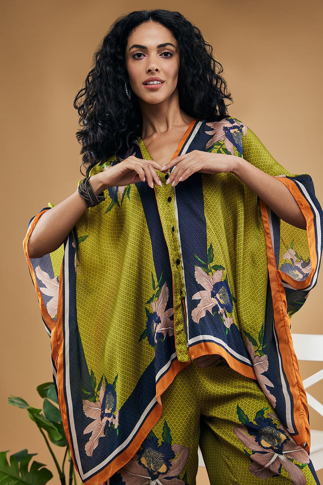 Green Orchid Bloom Printed Kimono Shirt With Pants