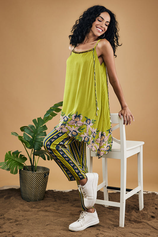 Green Orchid Bloom Embellished Top With Pants