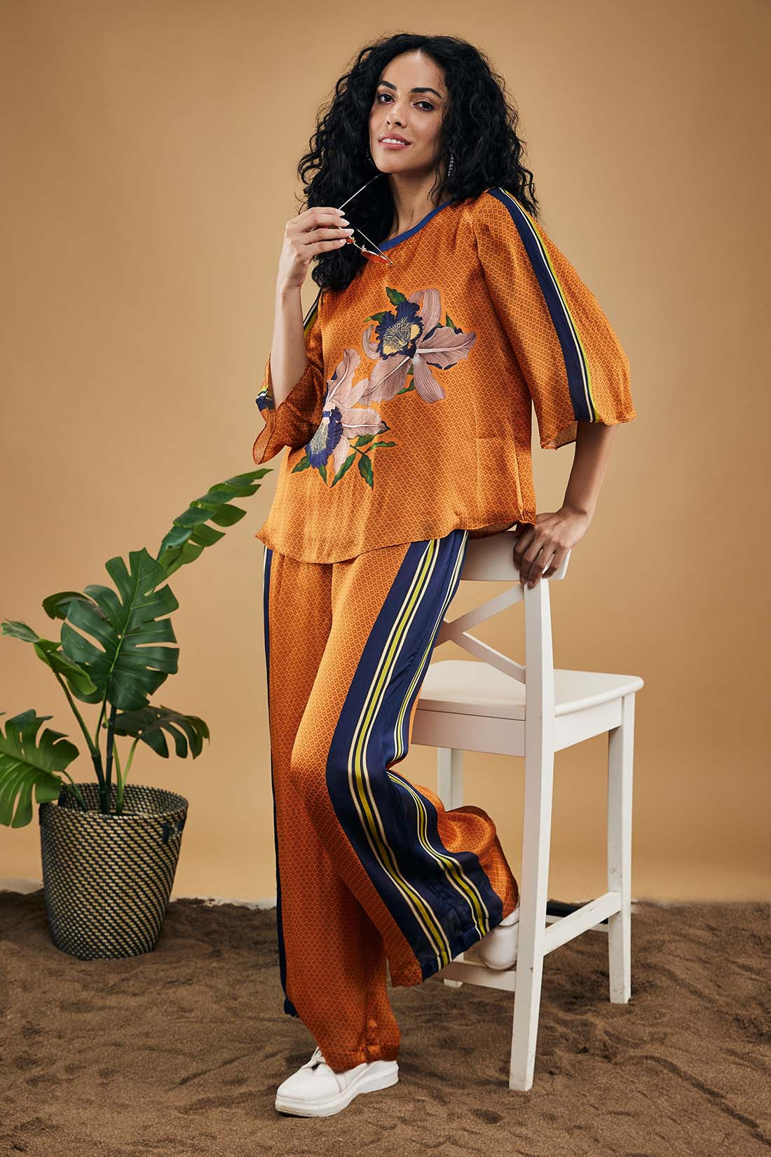 Orange Orchid Bloom Printed Co-Ord Set