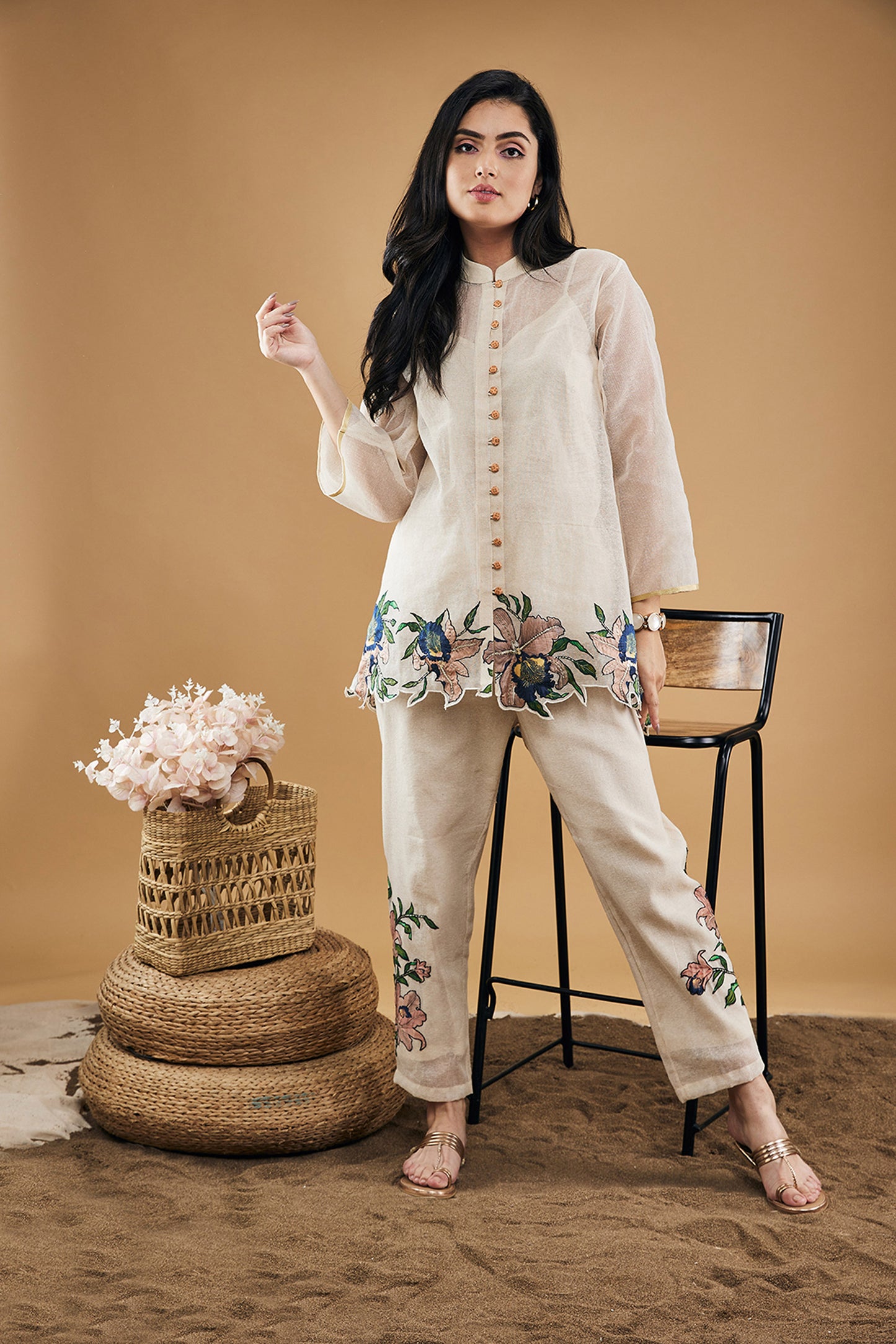 Orchid bloom Applique Top With Pants