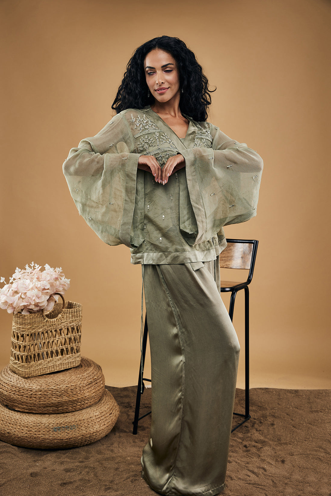 Azra Embellished Overlapped Top With Pants