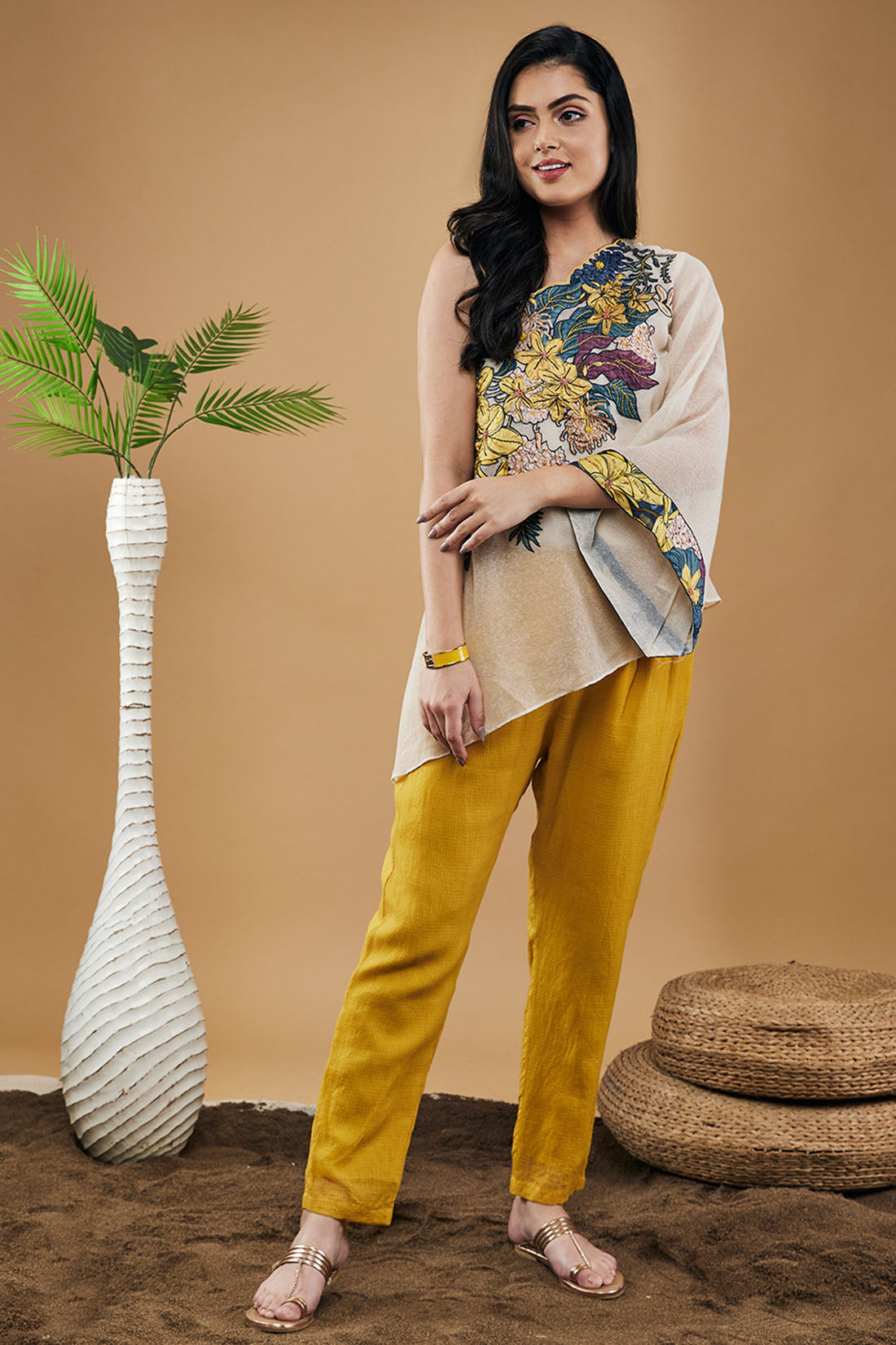 Zinnia Applique One-Shoulder Top With Pants