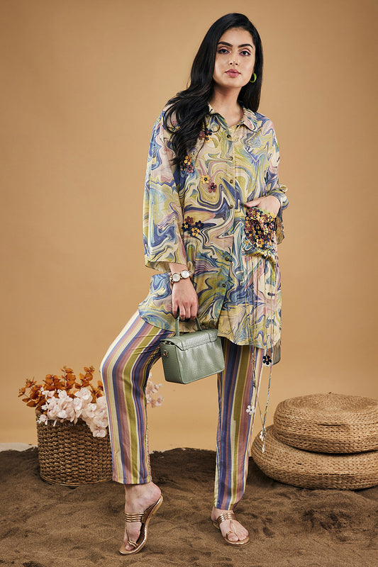 Marble Mosaic Embellished Shirt With Pants