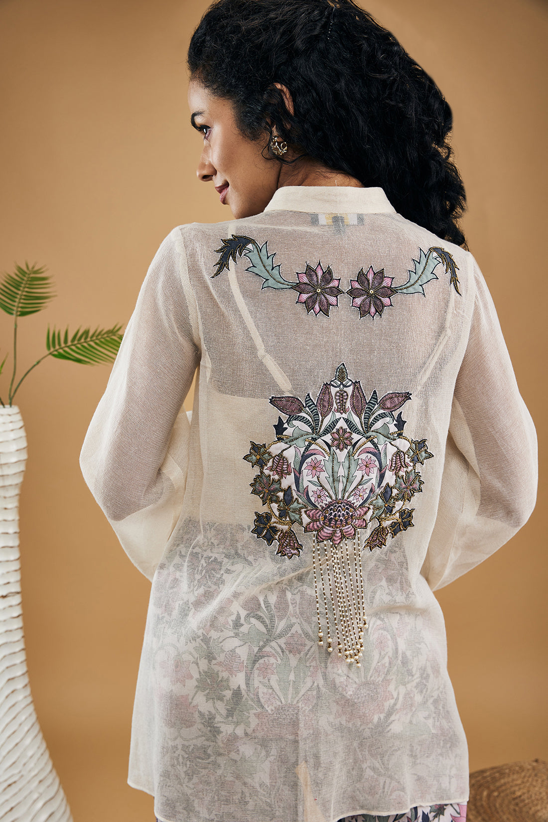 Off White Pastel Floral Applique Top With Pants