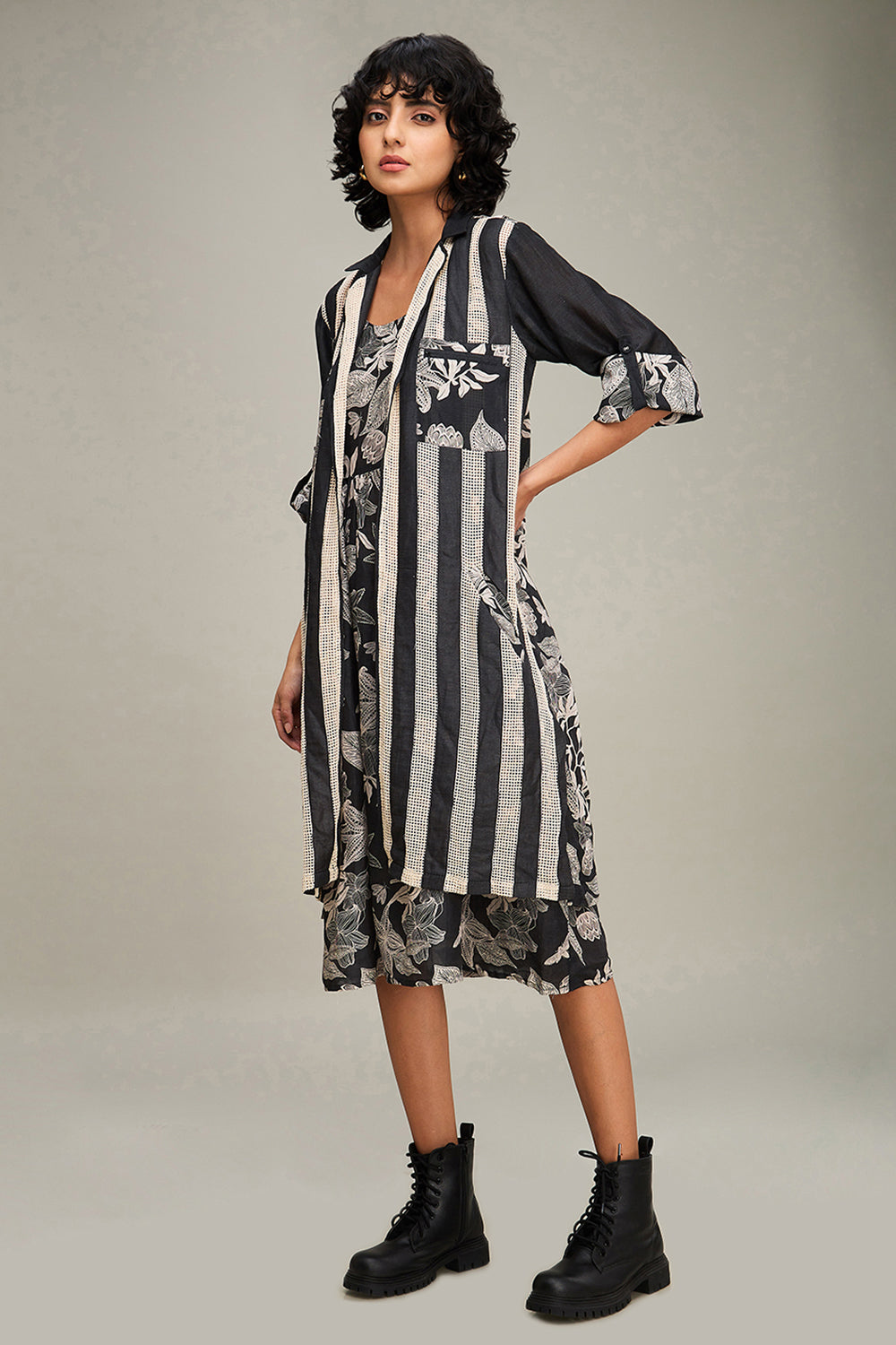 Black Ahyana Printed Long Dress And Jacket