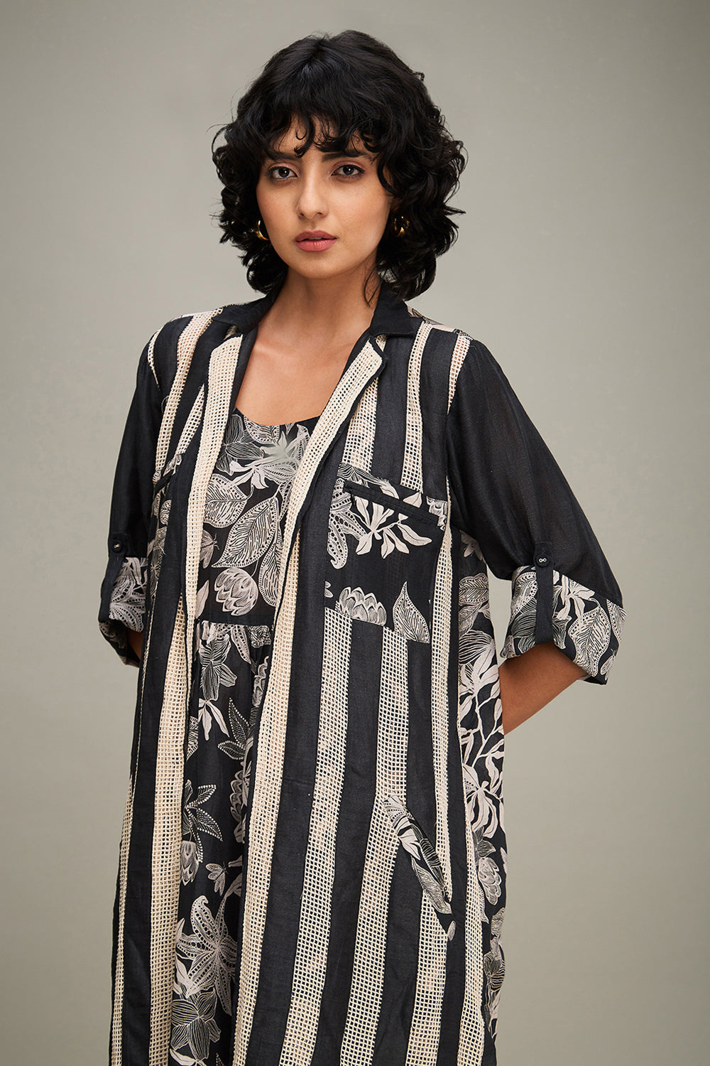 Black Ahyana Printed Long Dress And Jacket