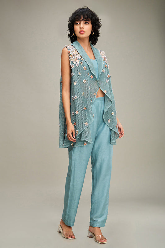 Teal Blue Conversational Embellished Co Ord Set With Cape