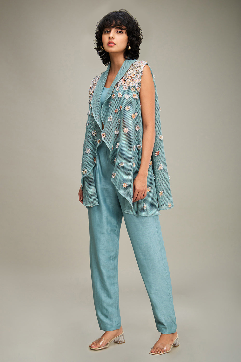 Teal Blue Conversational Embellished Co Ord Set With Cape