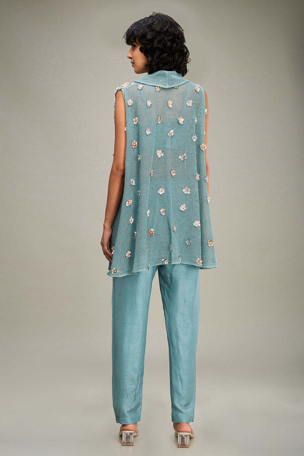 Teal Blue Conversational Embellished Co Ord Set With Cape