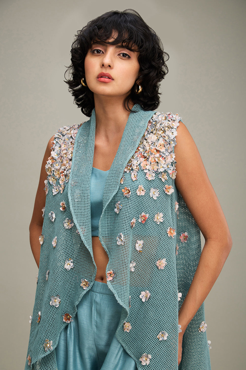 Teal Blue Conversational Embellished Co Ord Set With Cape