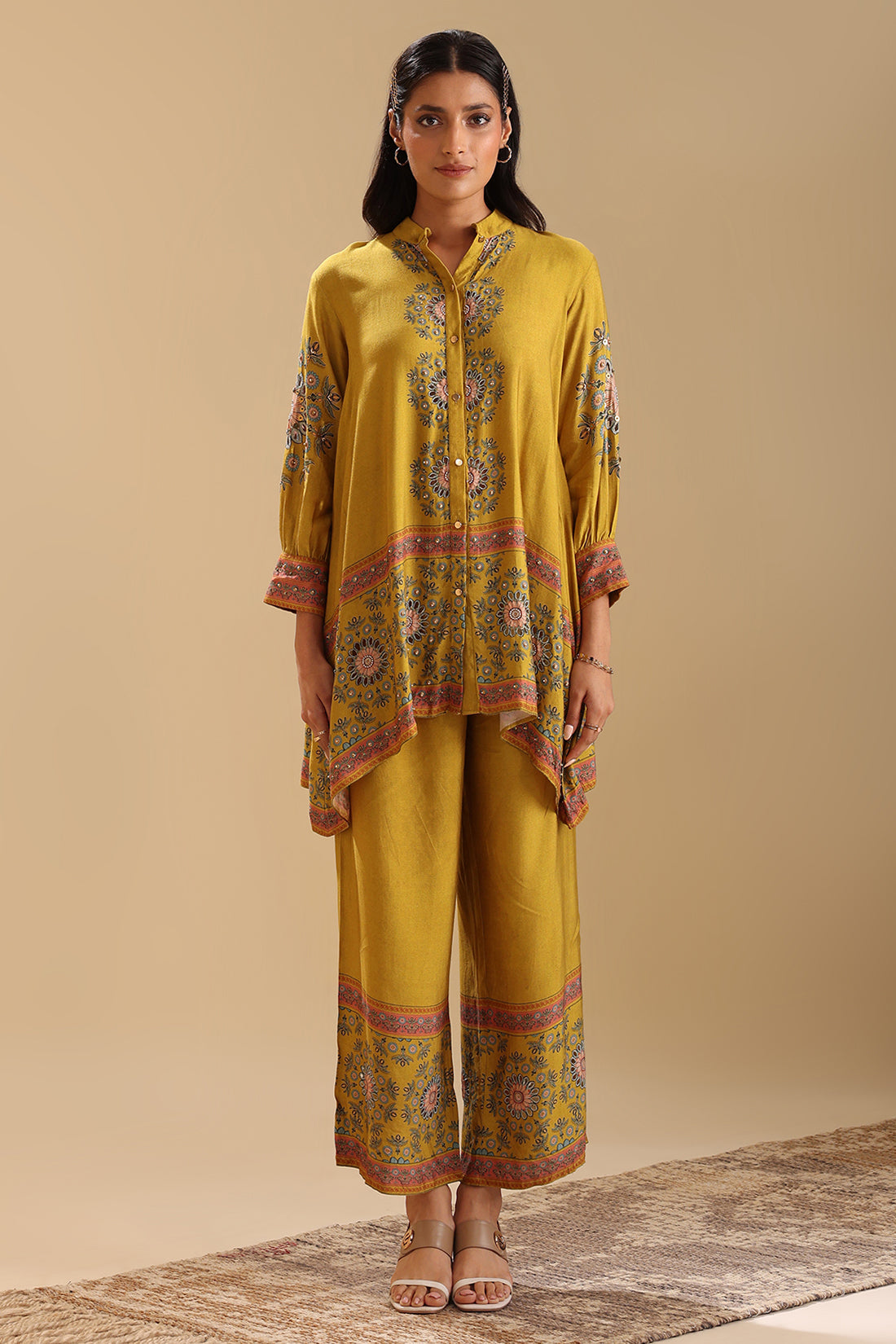 Eraya Yellow Embellished Co-Ord Set With Gathered Sleeves