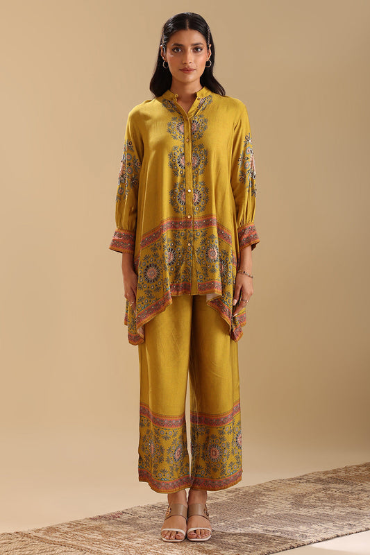 Eraya Yellow Embellished Co-Ord Set With Gathered Sleeves