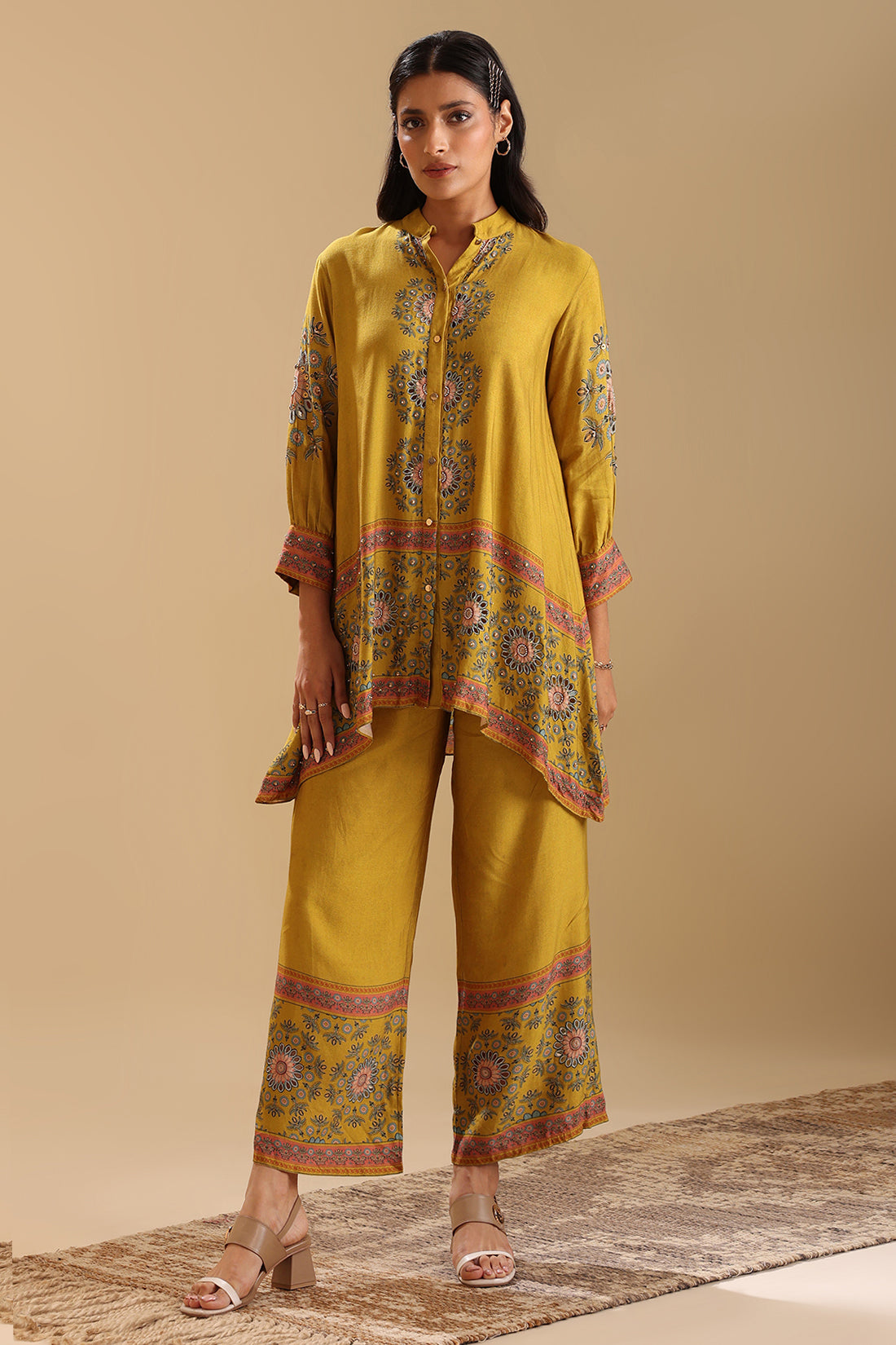 Eraya Yellow Embellished Co-Ord Set With Gathered Sleeves