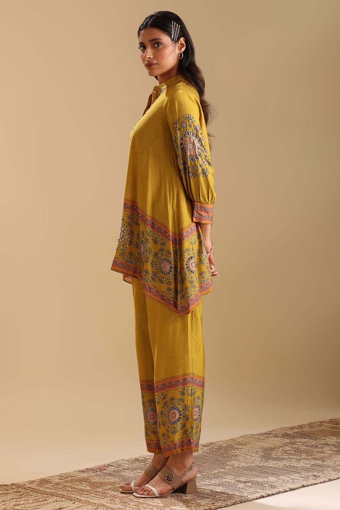 Eraya Yellow Embellished Co-Ord Set With Gathered Sleeves